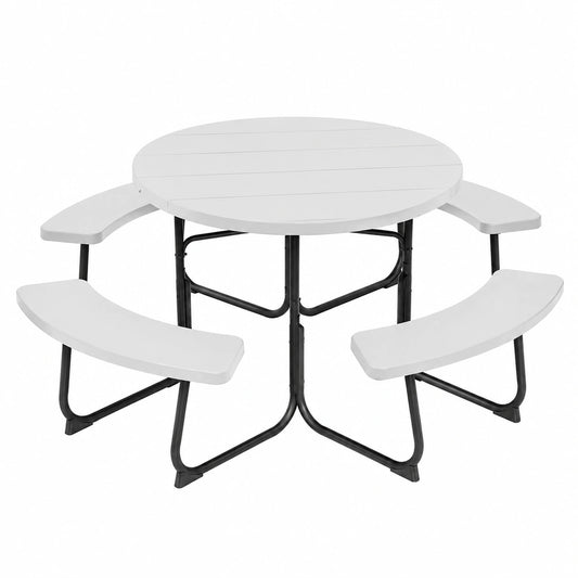 Parasol, avec 4 bancs, en métal, 8 places, coloris blanc, pour la terrasse ou le jardin