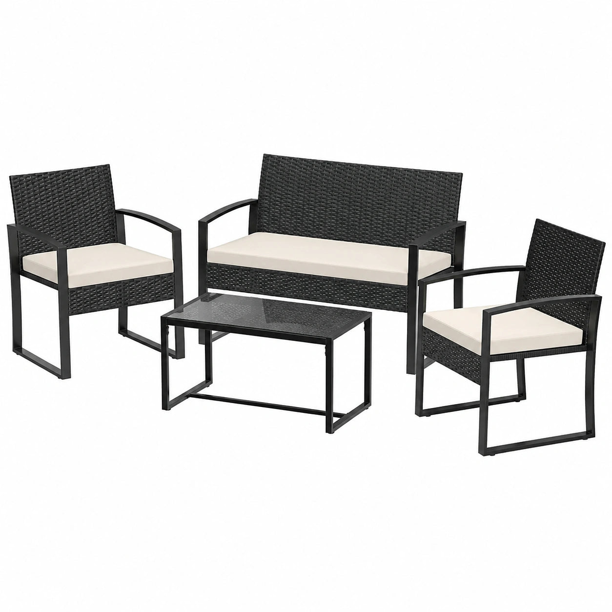 Salon de jardin, avec 2 fauteuils, en verre trempé et résine tressée, 4 places, coloris noir et beige, pour la terrasse ou le jardin