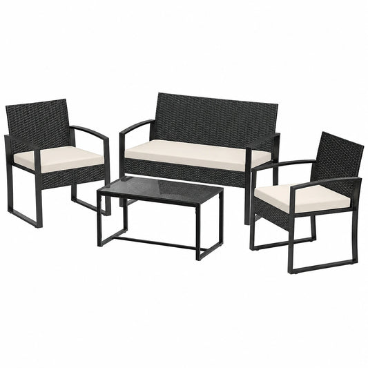 Salon de jardin, avec 2 fauteuils, en verre trempé et résine tressée, 4 places, coloris noir et beige, pour la terrasse ou le jardin