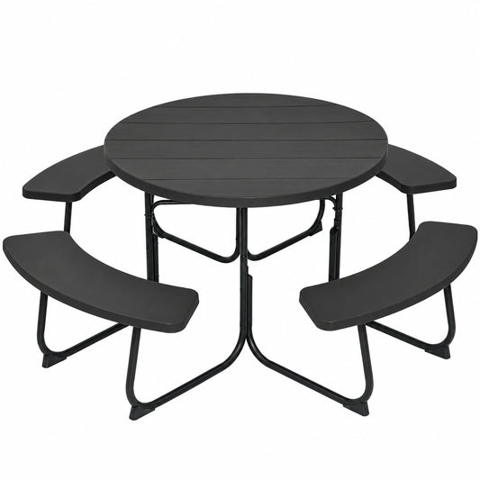 Parasol, en métal, avec 4 bancs, coloris noir, 8 places, pour la terrasse ou le jardin
